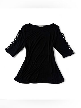 grunge black midsleeve top with criss cross shoulder details